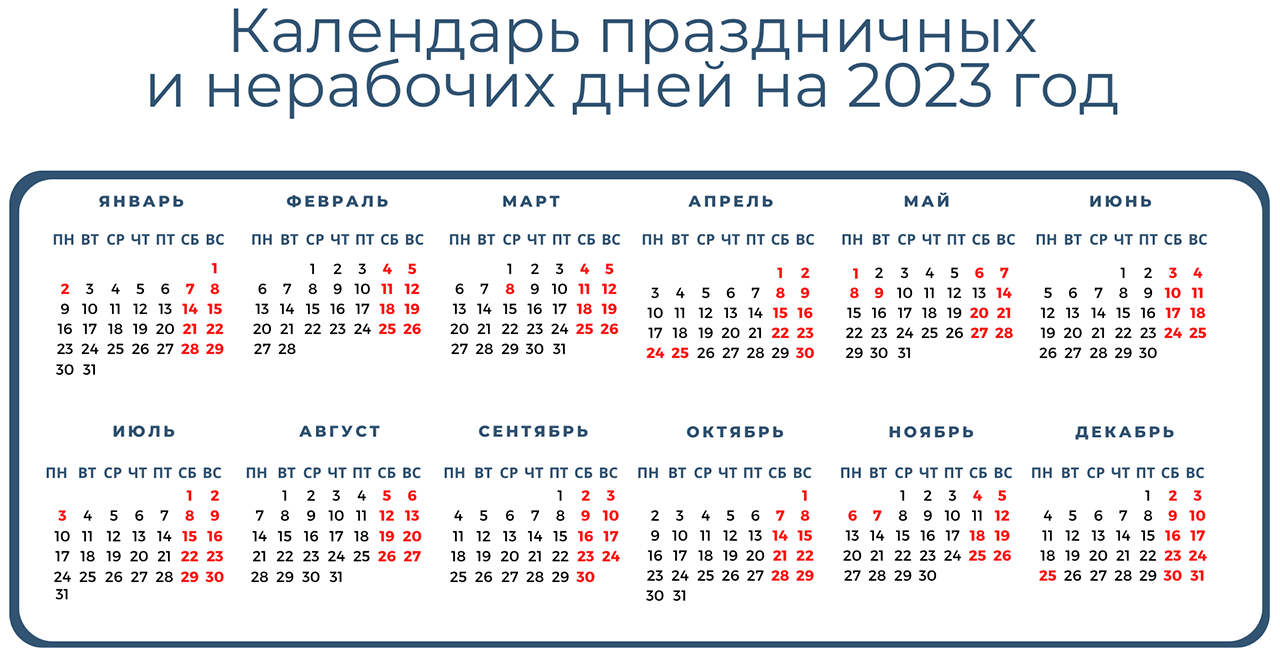 Понедельник 2 января будет выходным. Календарь праздничных и нерабочих дней  в 2023 году